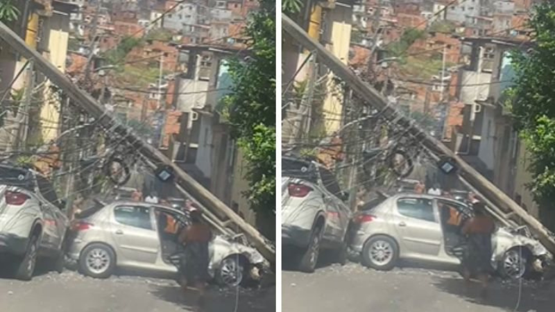 Mulher perde controle de carro e colide em poste no bairro de Pau da Lima, afetando fornecimento de energia