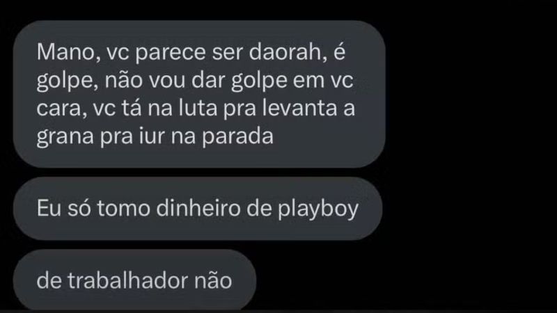 Suposto golpista se recusa a vender ingresso falso a ativista e justifica: ‘Só tomo dinheiro de playboy’