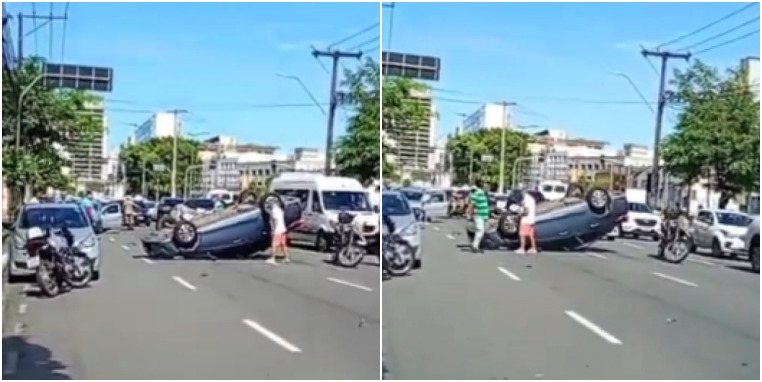 Carro capota após engavetamento na Avenida Jequitaia, em Salvador