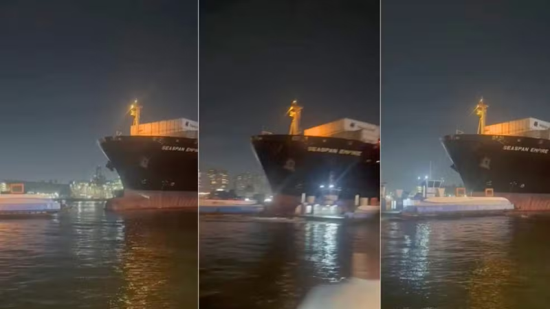 Navio porta-contêineres colide com balsas no Porto de Santos; tripulantes saltam no mar